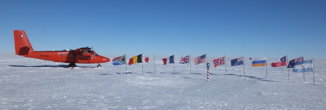 A propellor areoplane next to the flags of the Antarctic Treaty nations, behind the south pole marker