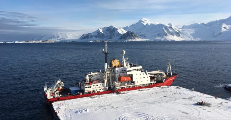 The RRS James Clark Ross moored up at the new Rothera Wharf