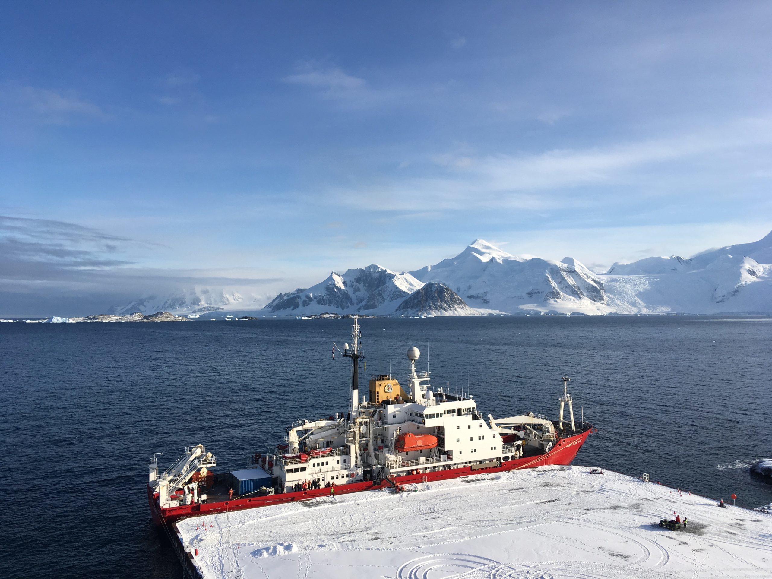 The RRS James Clark Ross ship arrives at the new wharf at Rothera Research Station