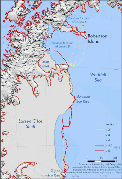 A map with various coloured lines showing retreat of ice shelf extents