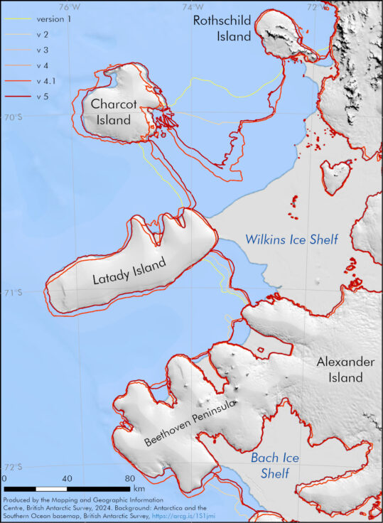 A map with various coloured lines showing retreat of ice shelf extents