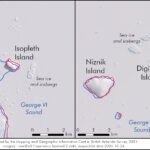 2 maps showing a snowy and icy satellite image, with 2 new island labelled