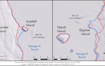 2 maps showing a snowy and icy satellite image, with 2 new island labelled