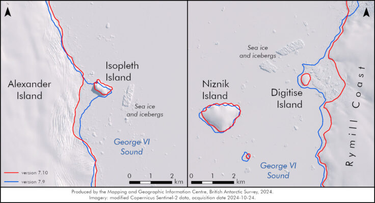 2 maps showing a snowy and icy satellite image, with 2 new island labelled